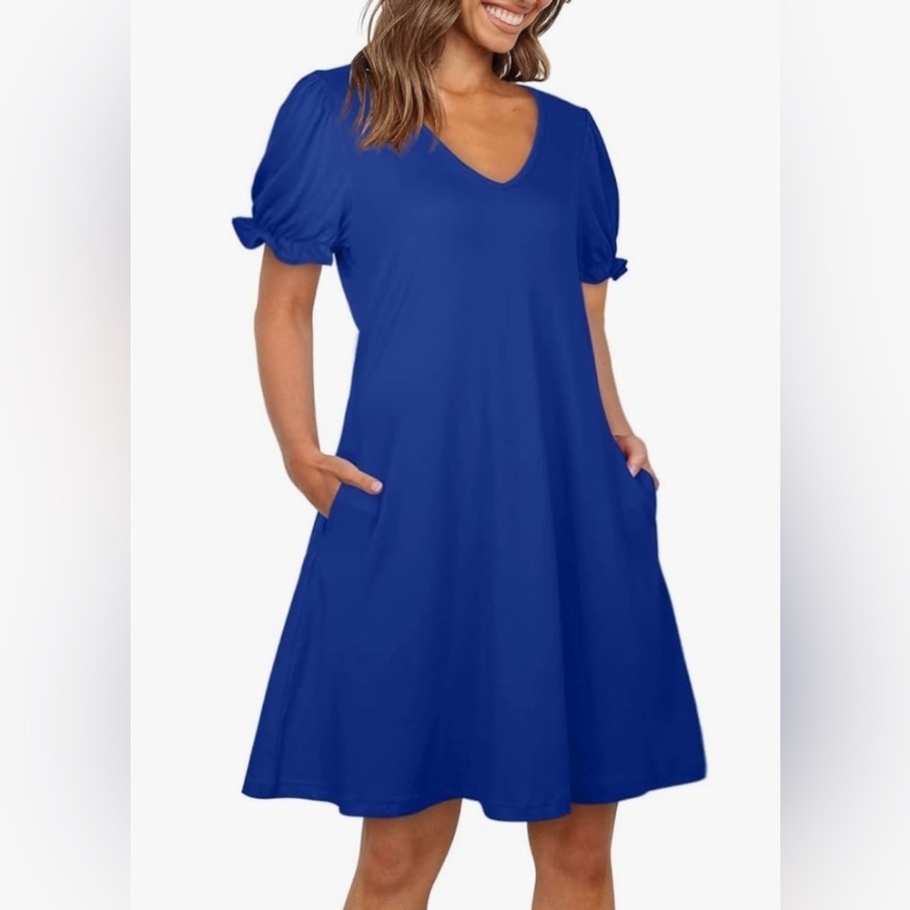 Women's Casual Dress Short Sleeve V-Neck Dress with Pockets - Picture 3 of 8